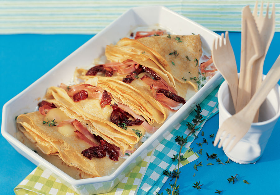 Creps gratinades amb pernil i formatge de raclet